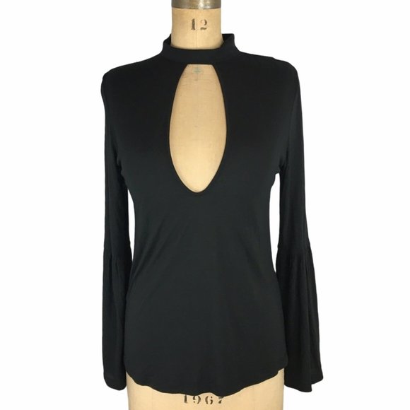 🌷 Haute Hippie Black Keyhole Mock Neck Bell Sleeve Top Size S - Picture 2 of 12